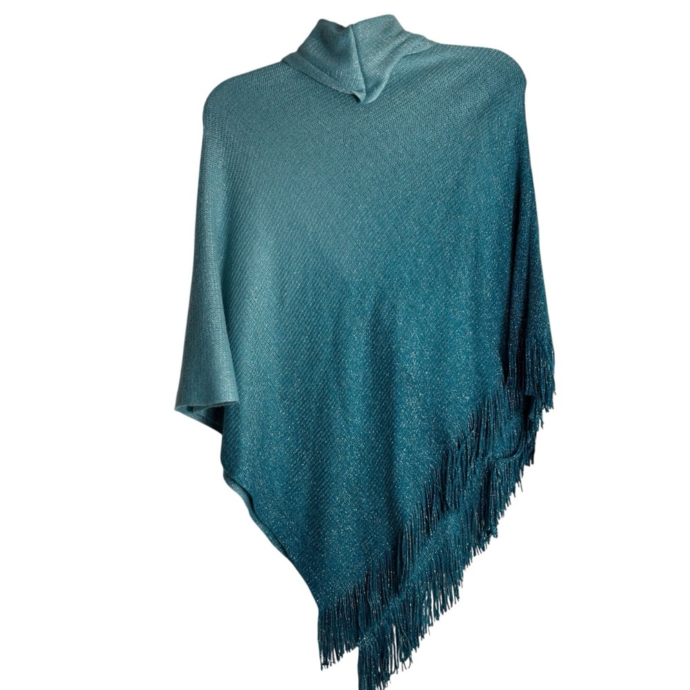 CHICOs Knit Cowl Neck Poncho with Fringe in Teal Ombré Size S/M — SO PRETTY!!! - Picture 5 of 9
